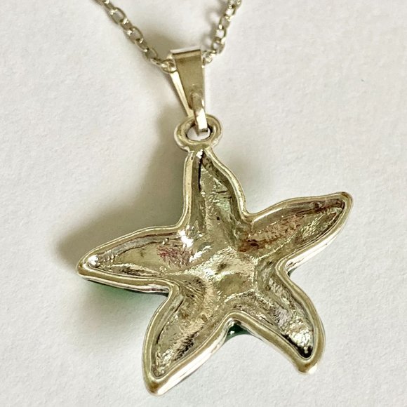 Starfish Necklace Choker Pearl Green Enamel 16-19" Chain Silver Plated Sea Life - Picture 3 of 8